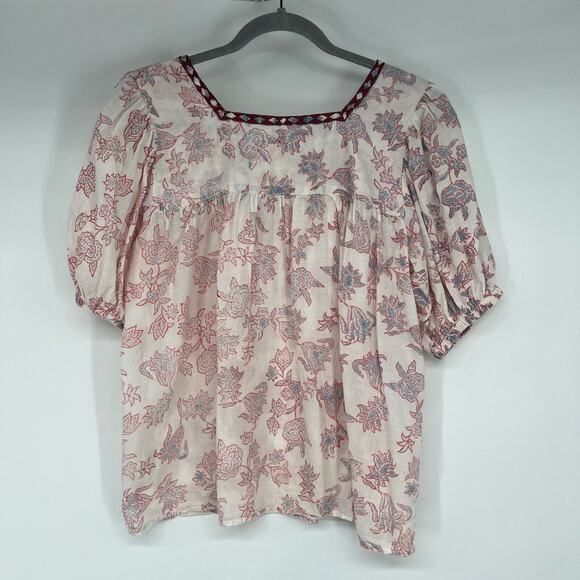 Umber & Ochre Handwoven Cotton Peasant Top Floral Sz XS/S Cream Embroidered Neck - Picture 2 of 8
